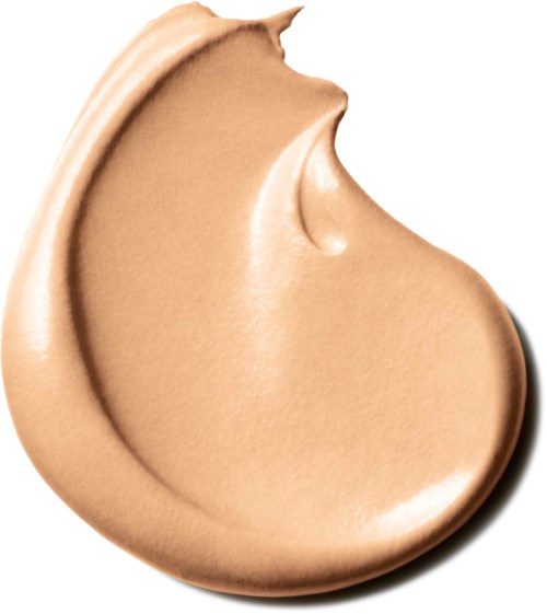 Krämig beige makeup-produkt, slät textur, kurvig form, glänsande yta, på vit bakgrund.