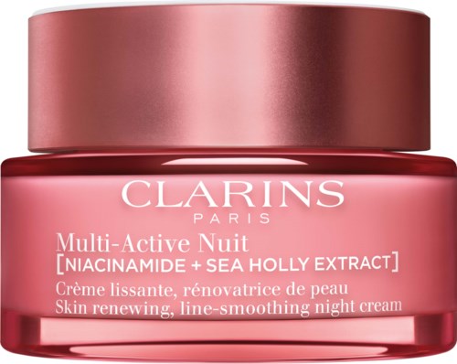 En rosa kremkrukke med metalllokk, merket Clarins Multi-Active Nuit nattkrem for hudfornyelse og jevning.