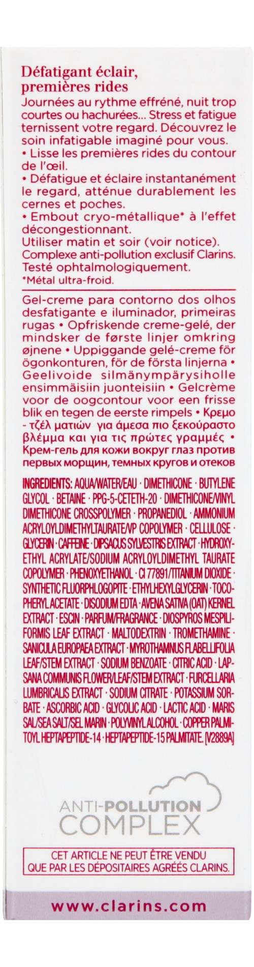 Ein vertikales Etikett mit rotem Text, das ein Hautpflegeprodukt beschreibt, mit Logo, Inhaltsstoffen und Website am Boden.
