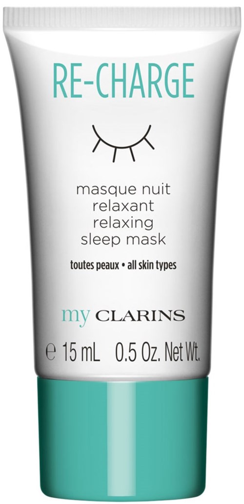 En vit och teal tub med avkopplande nattmask från My Clarins, 15 mL, för alla hudtyper.