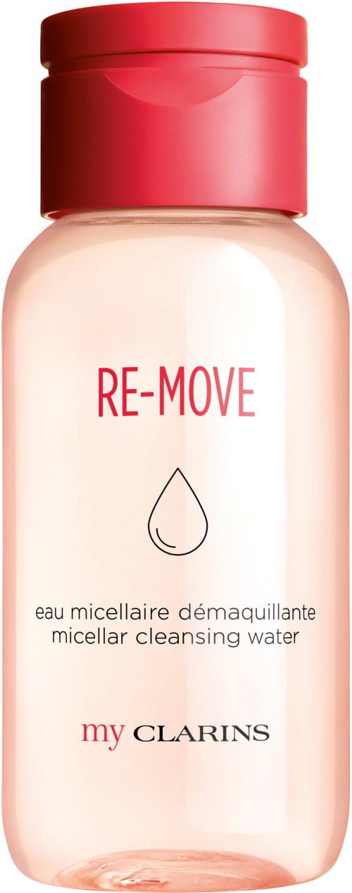 A pink bottle with a red cap, labeled 'RE-MOVE' and 'micellar cleansing water' by Clarins.