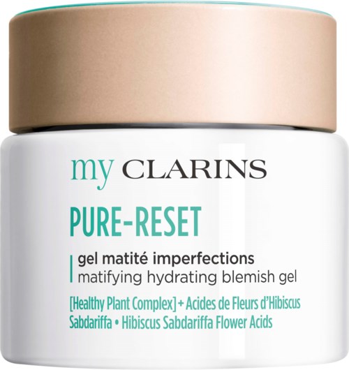 A jar of hydrating gel for skin imperfections with hibiscus flower acids and plant complex. Label shows brand and product name.