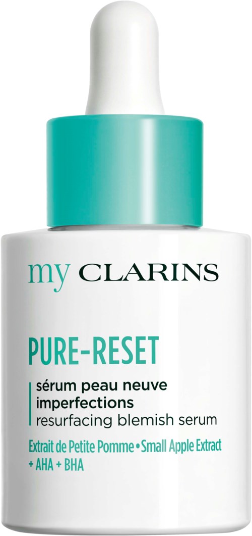 Valkoinen pullo, jossa on teal korkki, sisältää My Clarins Pure-Reset -seerumin uusille iho-ongelmille.