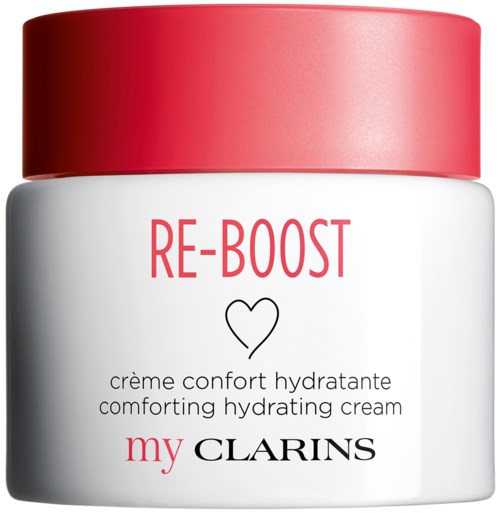 En vit burk med röd lock, märkt 'RE-BOOST' och 'my CLARINS' med ett hjärt-symbol, för en fuktgivande kräm.