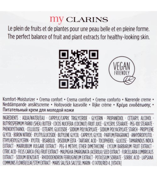 Hudvårdsproduktetikett visar naturliga ingredienser, vegansymbol och en QR-kod för mer information.
