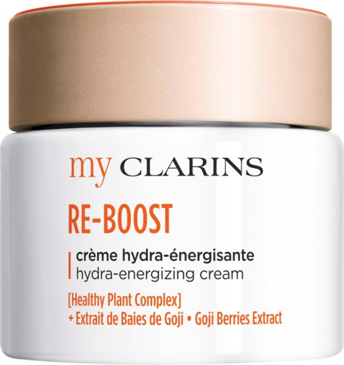 Valkoinen purkki beigemellä, merkinnällä 'My Clarins' ja 'Re-Boost' hydra-energisoiva voide kasvilisäaineilla.