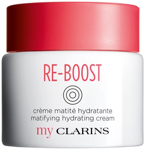 En krukke med Clarins Re-Boost fuktighetsgivende krem med rød lokk, merket som en mattende fuktighetskrem.