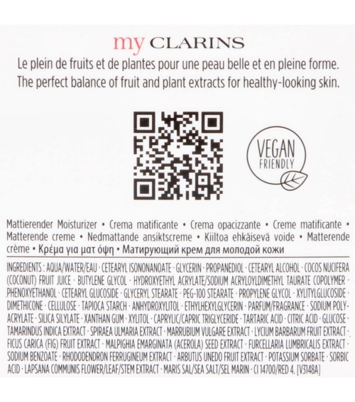 En beskrivelse av skjønnhetsprodukt med ingredienser og en QR-kode, med vekt på naturlige ingredienser og veganske alternativer.