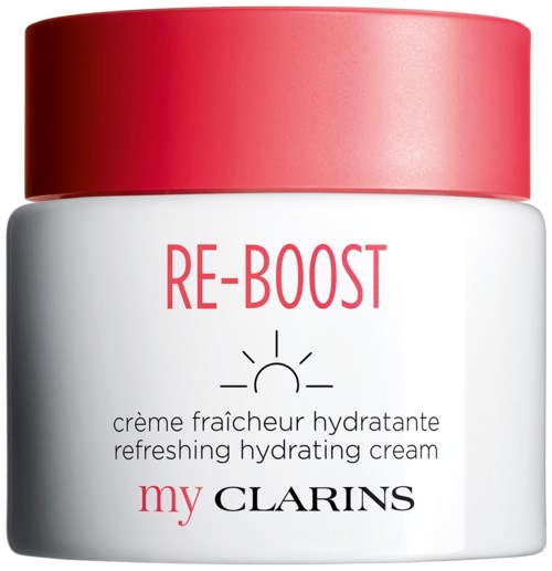 Ett vitt glas med röd lock, märkt 'RE-BOOST', innehåller en uppfriskande återfuktande kräm från Clarins.