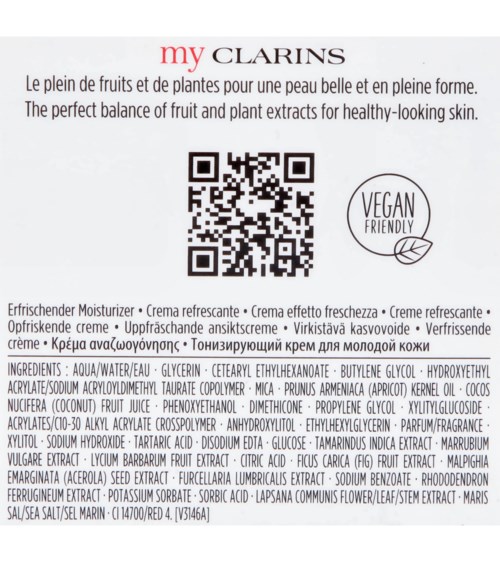 En hudvårdsproduktetikett som beskriver fruktutdrag för frisk hud, med ingredienser listade och en QR-kod. Det är veganskt.