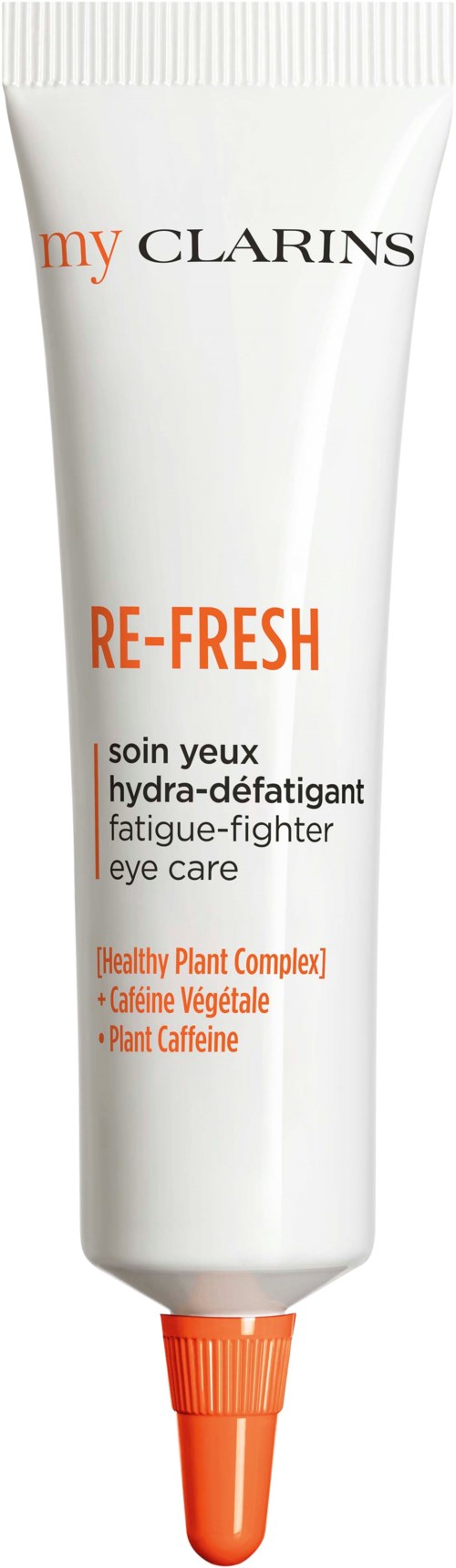 En vit tub märkt 'my CLARINS' med orange text 'RE-FRESH' för ögonvård, innehåller växtbaserade ingredienser.
