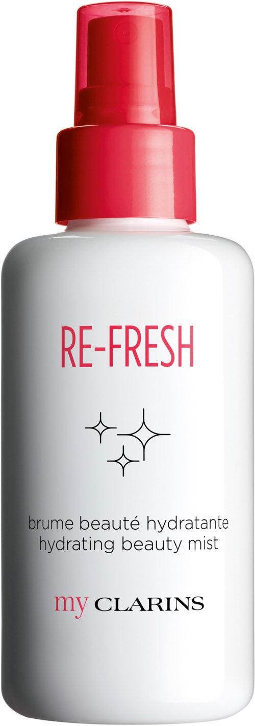 En vit flaska med röd topp, märkt 'RE-FRESH' och 'hydrating beauty mist' från Clarins.