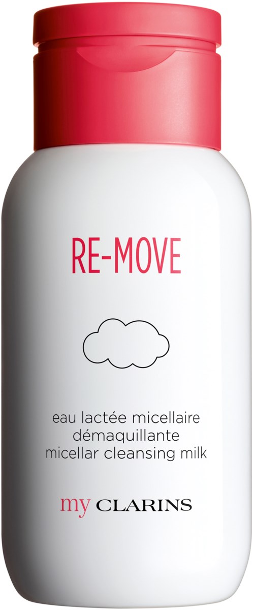 En vit flaska med röd kork, märkt 'RE-MOVE' och 'micellar cleansing milk', från märket Clarins.