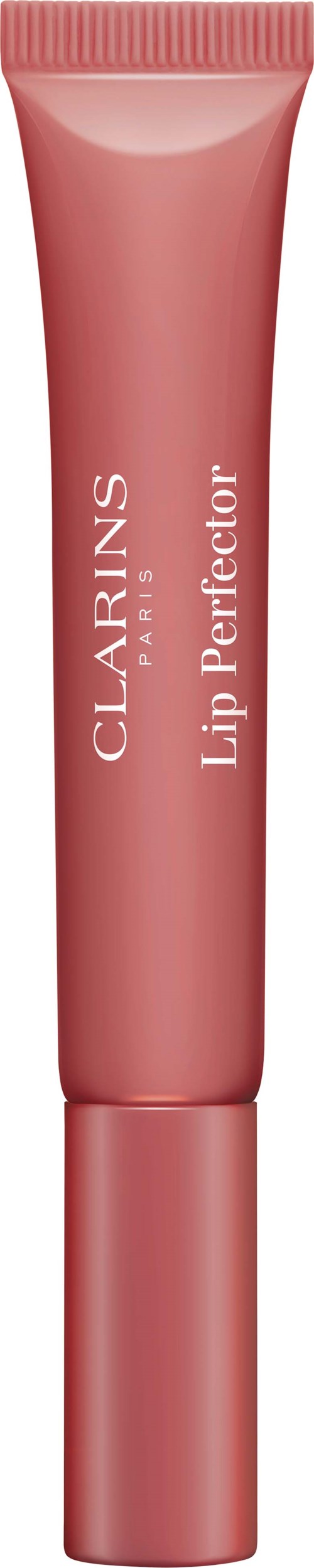 Rosa tub med Clarins Lip Perfector, enkel design och vit text.