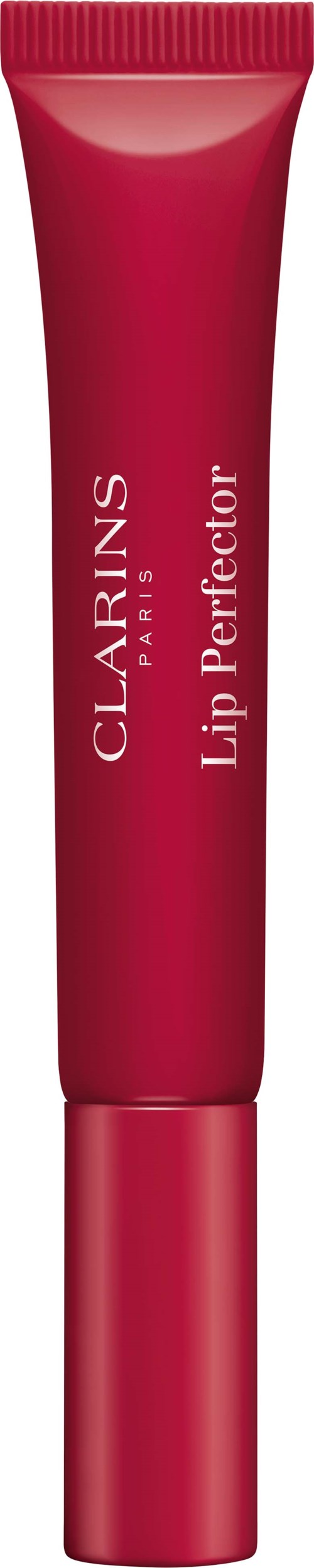 Eine rote Tube Clarins Lip Perfector mit Text an der Seite.