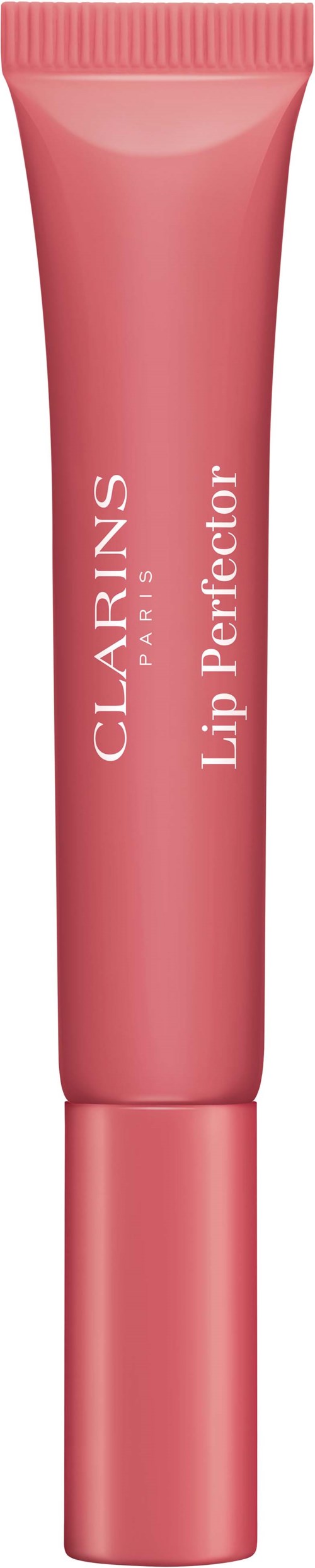 En rosa tube merket "CLARINS Lip Perfector" som står opp.
