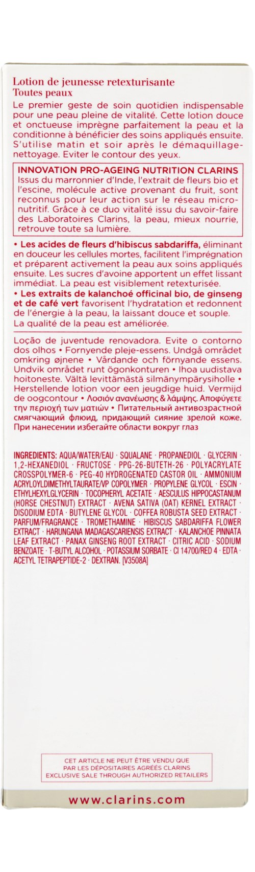 A skincare product box with red text on a white background, featuring ingredients and instructions in multiple languages.