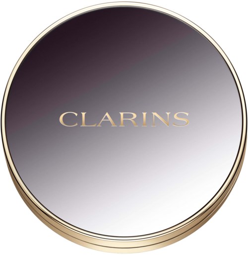 En rund, glänsande behållare med en gradient mörk till ljus bakgrund och ordet 'CLARINS' i guld bokstäver.