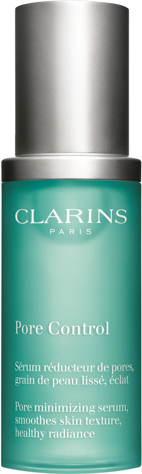 Eine türkisfarbene Flasche mit silberner Kappe, beschriftet 'Clarins Paris Pore Control', ein Serum für Hautporen und Textur.