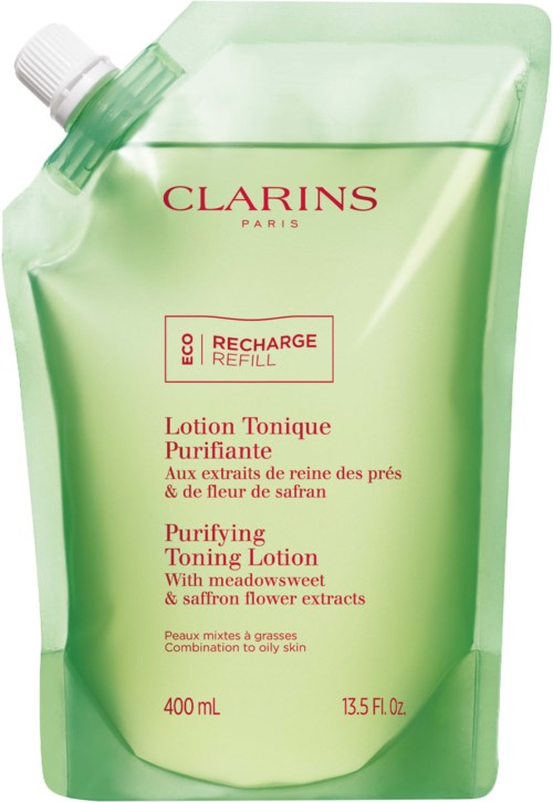 Green refill pouch of Clarins purifying toning lotion with meadow and saffron extracts, suitable for oily skin, 400 ml.