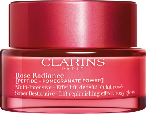 En rosa kruka med Clarins Rose Radiance-kräm med produktinformation i vitt text.