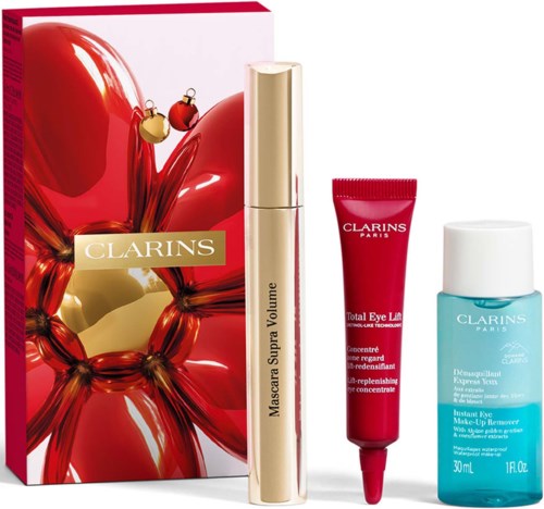 Tusz do rzęs Clarins, serum lifting oczu i remover makijażu oczu obok opakowania, z czerwonym i białym tłem.