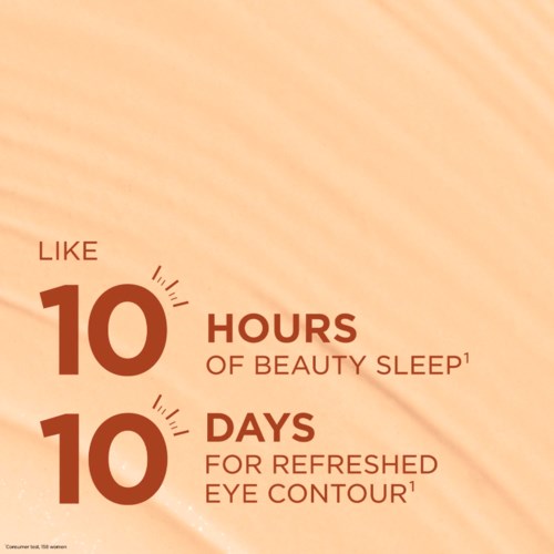 En illustration med stor text som visar 10 timmars skönhets sömn och 10 dagar för fräschare ögonkontur.