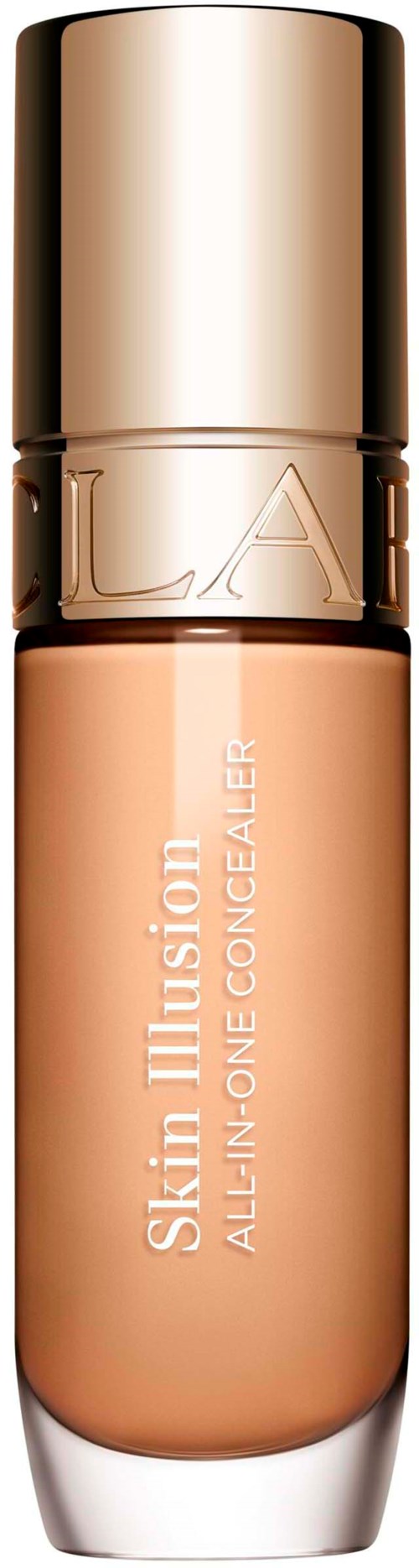En beige concealerflaska med guldkork och vit botten, märkt Skin Illusion All-in-One Concealer.
