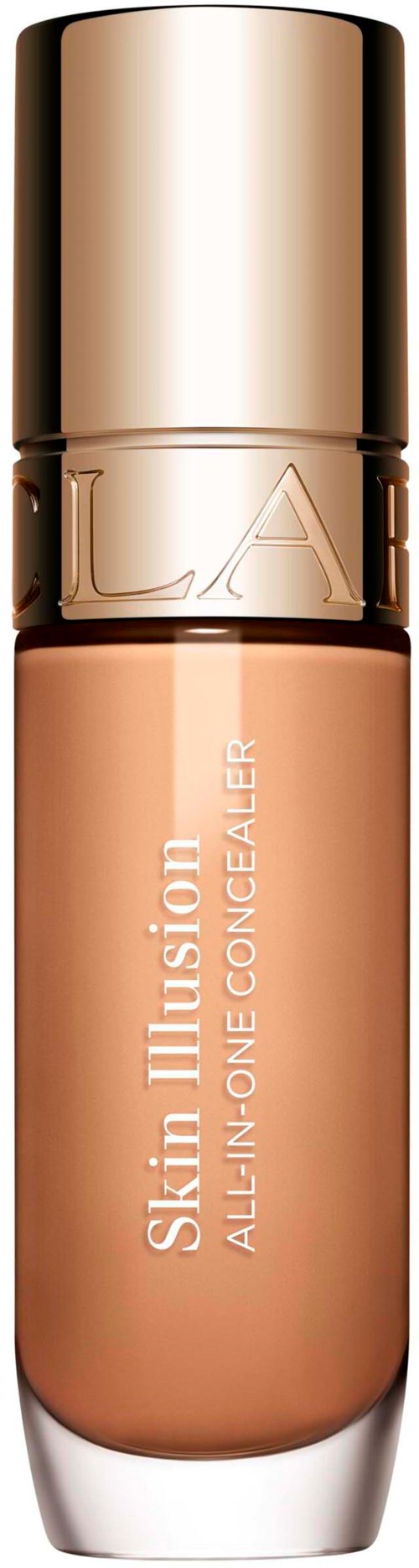En beige concealerflaska med guldlock och vit text som läser Skin Illusion All-in-One Concealer.