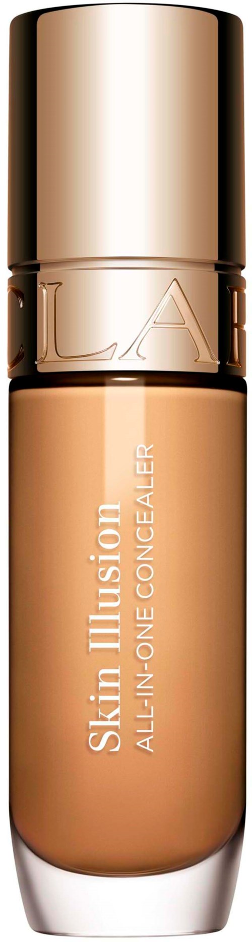 En beige concealer i en cylindrisk glasflaska med guldlock. Etiketten säger Skin Illusion All-in-One Concealer.