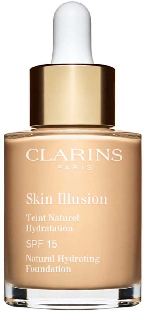 Clarins Skin Illusion-fondationsflaska med droppare, märkt för naturlig återfuktning och SPF 15.
