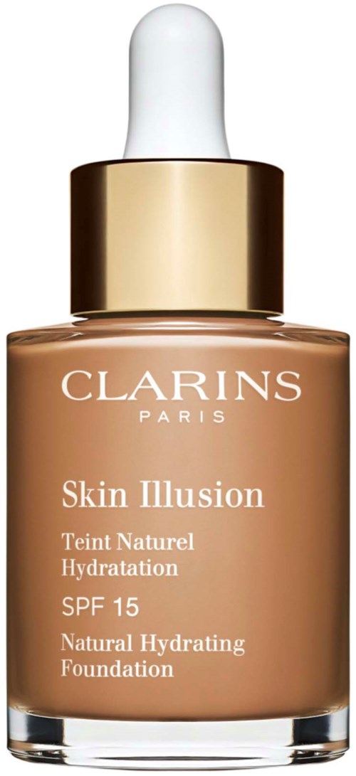 Clarins Skin Illusion Foundationflasche mit Tropfer, goldener Verschluss und beigefarbener Flüssigkeit.