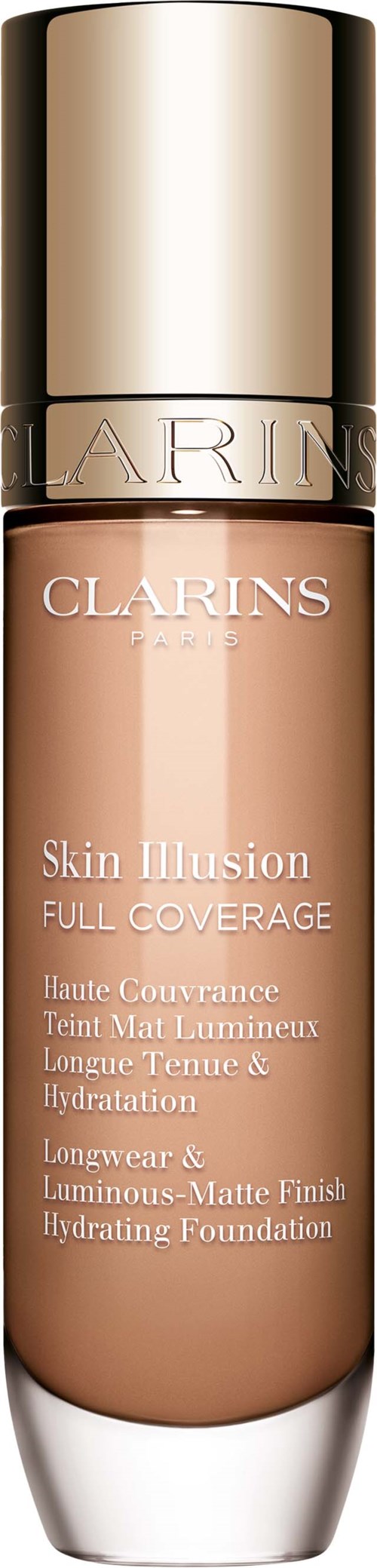 A bottle of Clarins Skin Illusion foundation with a gold cap and beige label. It promises full coverage and hydration.