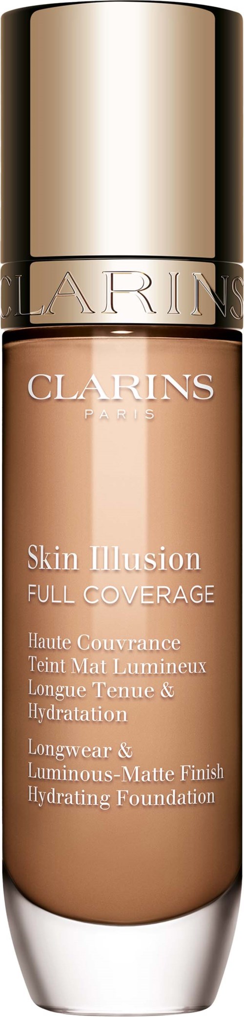 A foundation bottle labeled "Clarins Skin Illusion Full Coverage" with a beige liquid inside and a gold cap.