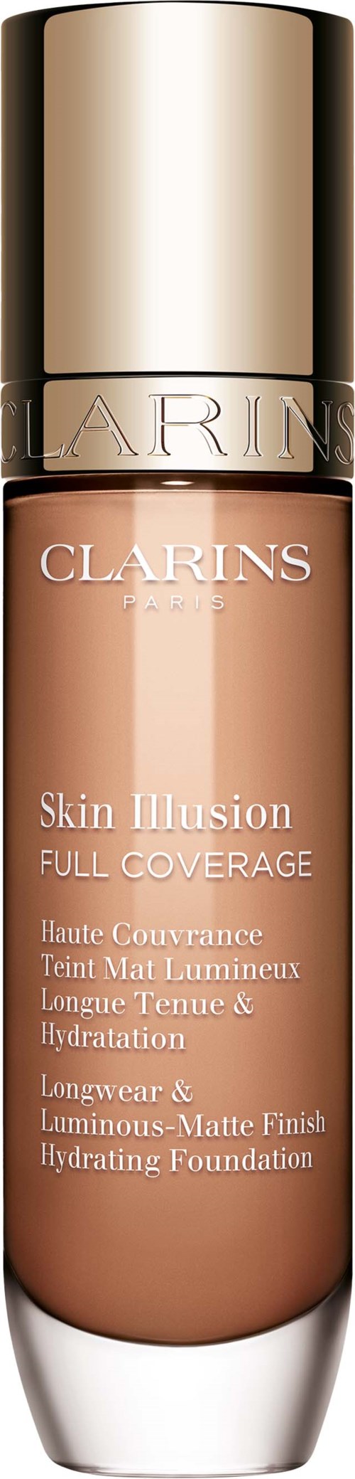 A bottle of Clarins Skin Illusion foundation with a gold and white cap. It is full coverage and hydrating.