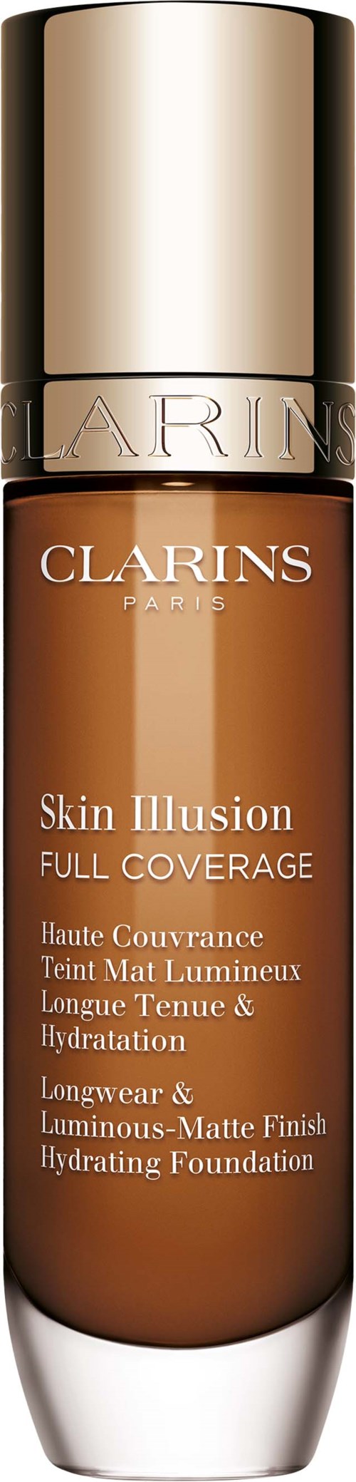 This is a bottle of Clarins Skin Illusion foundation with full coverage and hydrating finish.
