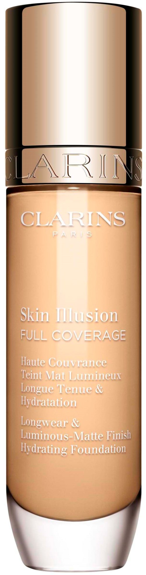 A bottle of Clarins Skin Illusion Full Coverage foundation with a silver and gold cap. The product name and details are on the bottle.