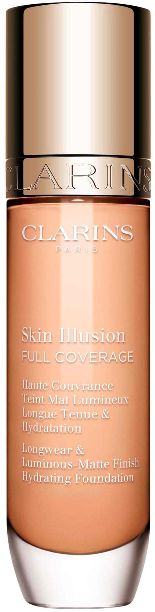 En flaske med Clarins Skin Illusion foundation med gull- og sølvfarget lokk, ferskenfarget væske inni.