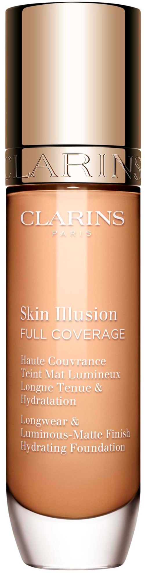 En flaske med Clarins Skin Illusion full coverage foundation med gullhette og beige væske inni.