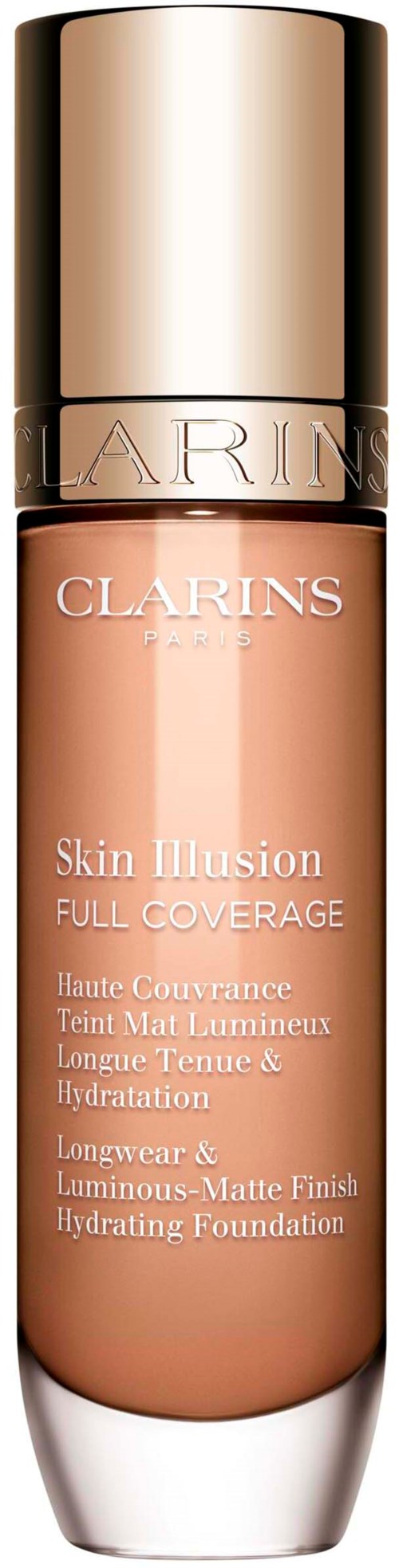 En lang, beige foundationflaske med gullkork, merket 'Clarins Skin Illusion Full Coverage'.