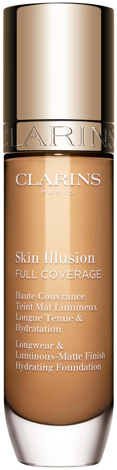 En flaske Clarins Skin Illusion foundation med gullkork og beige væske inni.