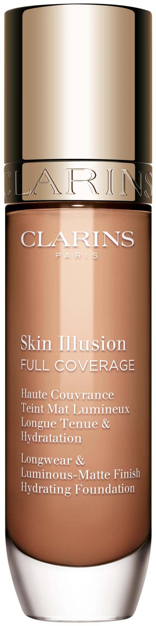 En flaske med Clarins Skin Illusion foundation med gullkork og beige væske inni.