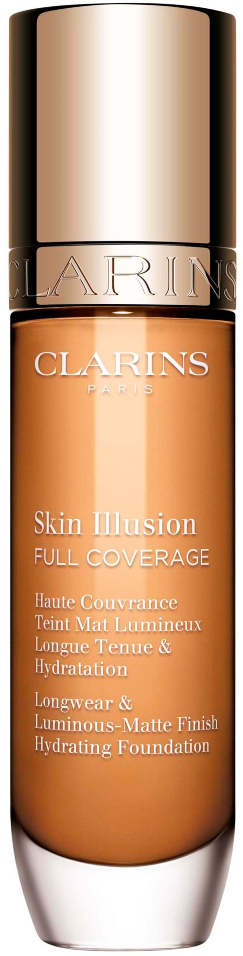 A foundation bottle with a gold cap and light brown liquid inside, labeled Clarins Skin Fusion Full Coverage.