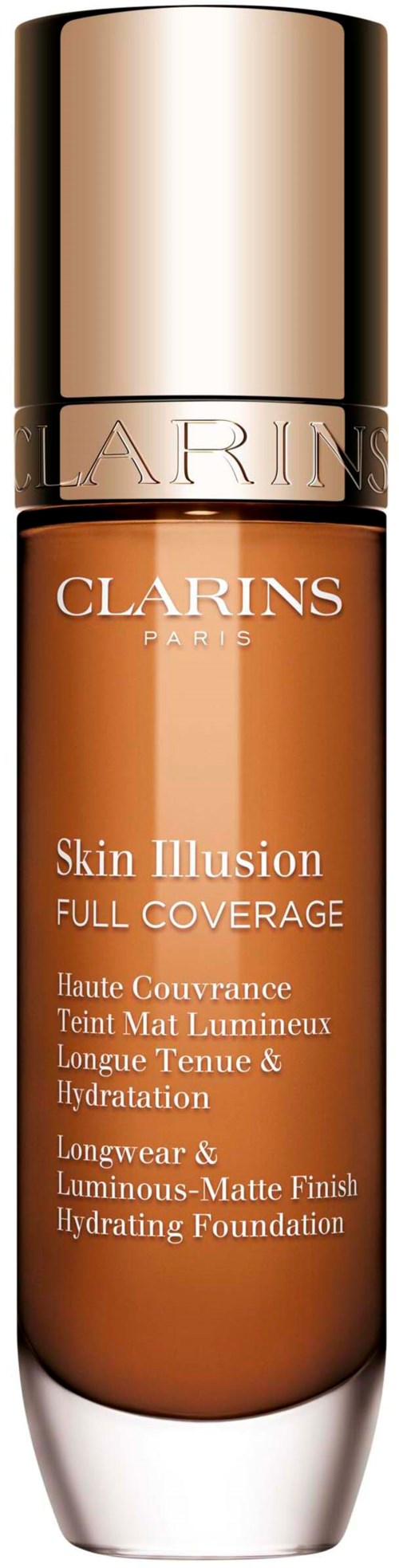 A foundation bottle with a gold cap and brown liquid inside, labeled 'Skin Illusion Full Coverage' by Clarins.
