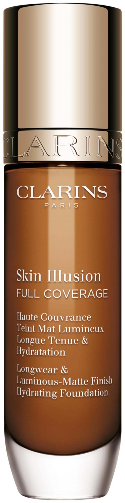 En flaske Clarins Skin Illusion foundation med gullkappe og brunt flytende innhold.