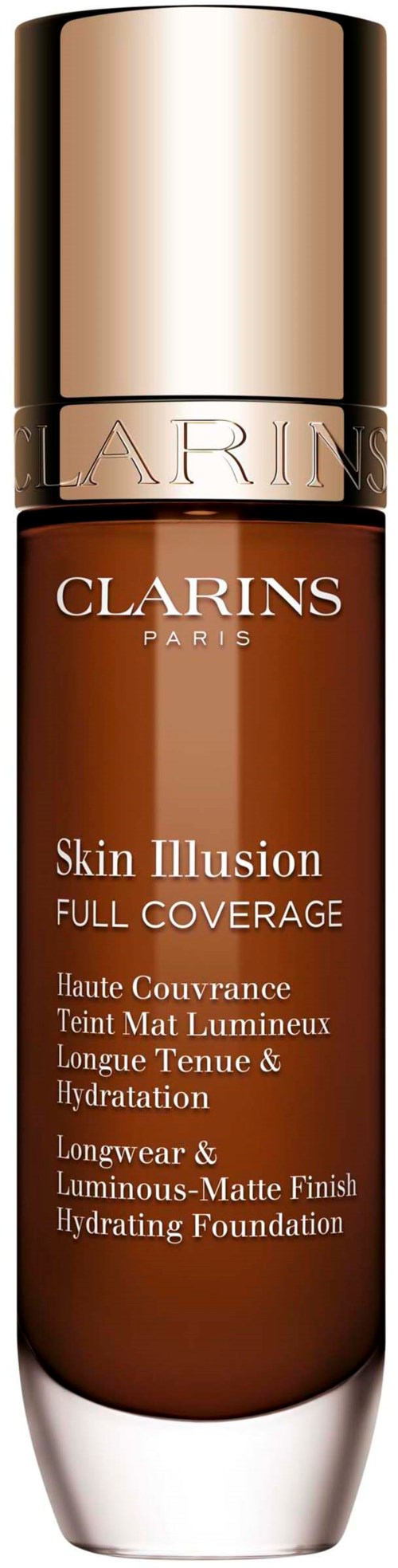 En flaske av Clarins Skin Illusion Foundation med gullfarge og brun kropp.