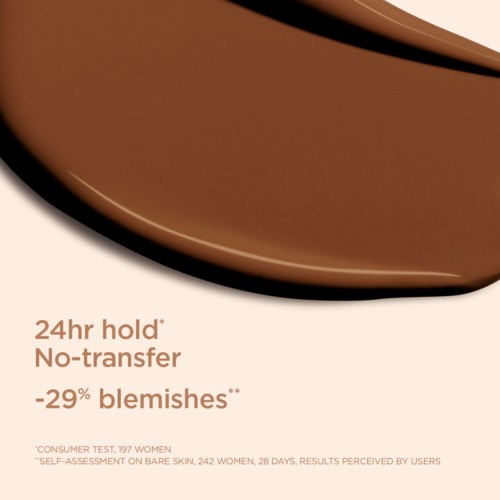En brun beauty blender-svamp med tekst om dens egenskaper og fordeler for huden. Ingen overføring, færre urenheter.