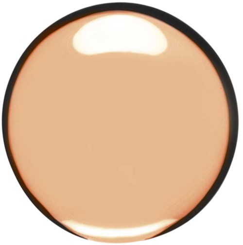 Pyöreä meikkipuuteri, jonka beige sävy ja kiiltävä pinta. Sen reunus on musta.