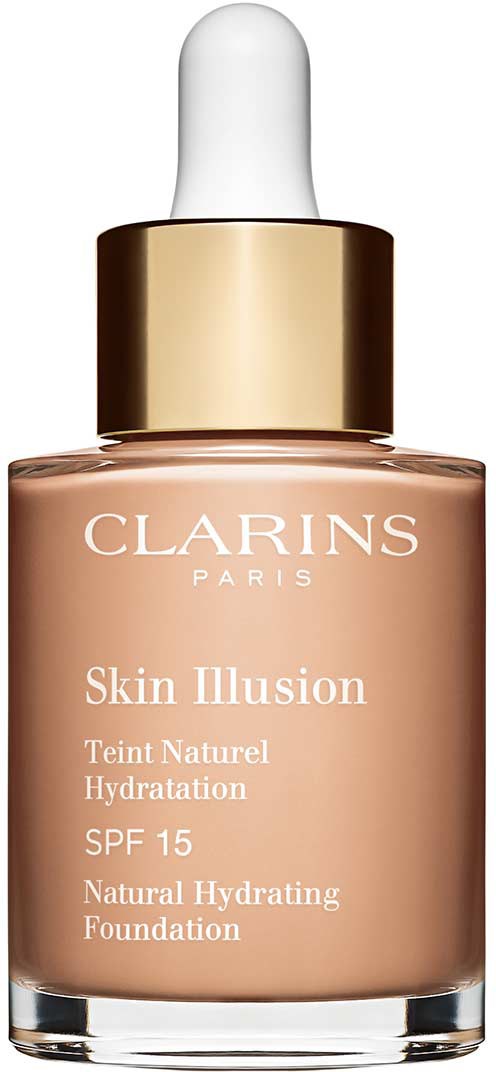 En foundationsflaska från Clarins med vit piplock och beige vätska inuti.
