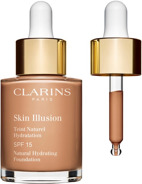 En foundationflaska med pipett, märkt Clarins Skin Illusion, SPF 15, naturlig fuktgivande.